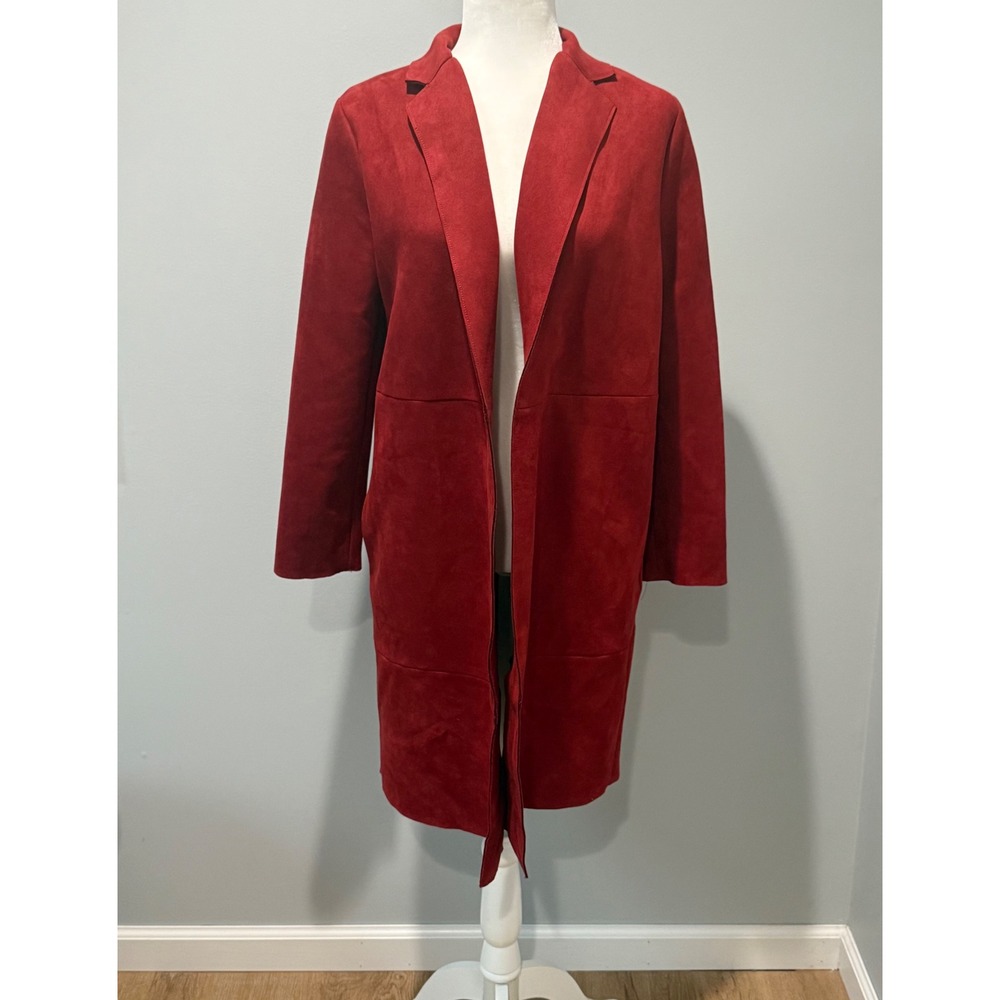 Zara Basic Faux Suede Duster Coat Open Front Longline Red Jacket Size Small